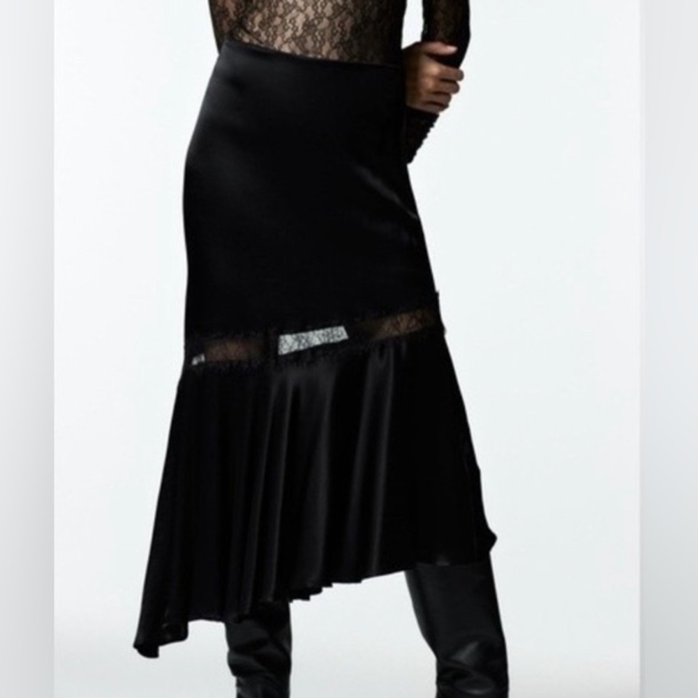 NWOT Zara Black Satin Asymmetrical Midi Skirt with Lace Trim, Size L